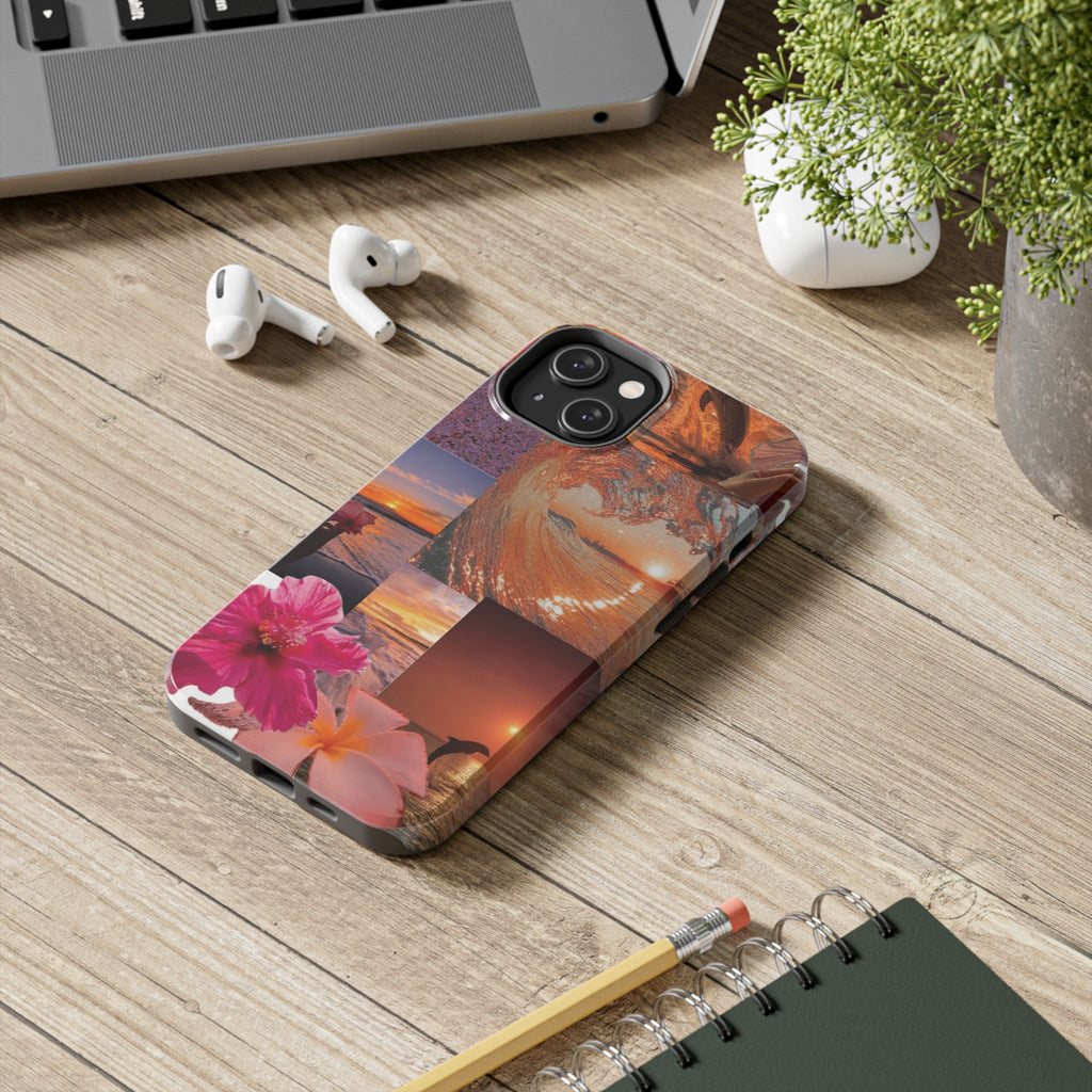 Tough Phone Case — Tropical Sunset Collage, Beach Wave & Hibiscus Protection