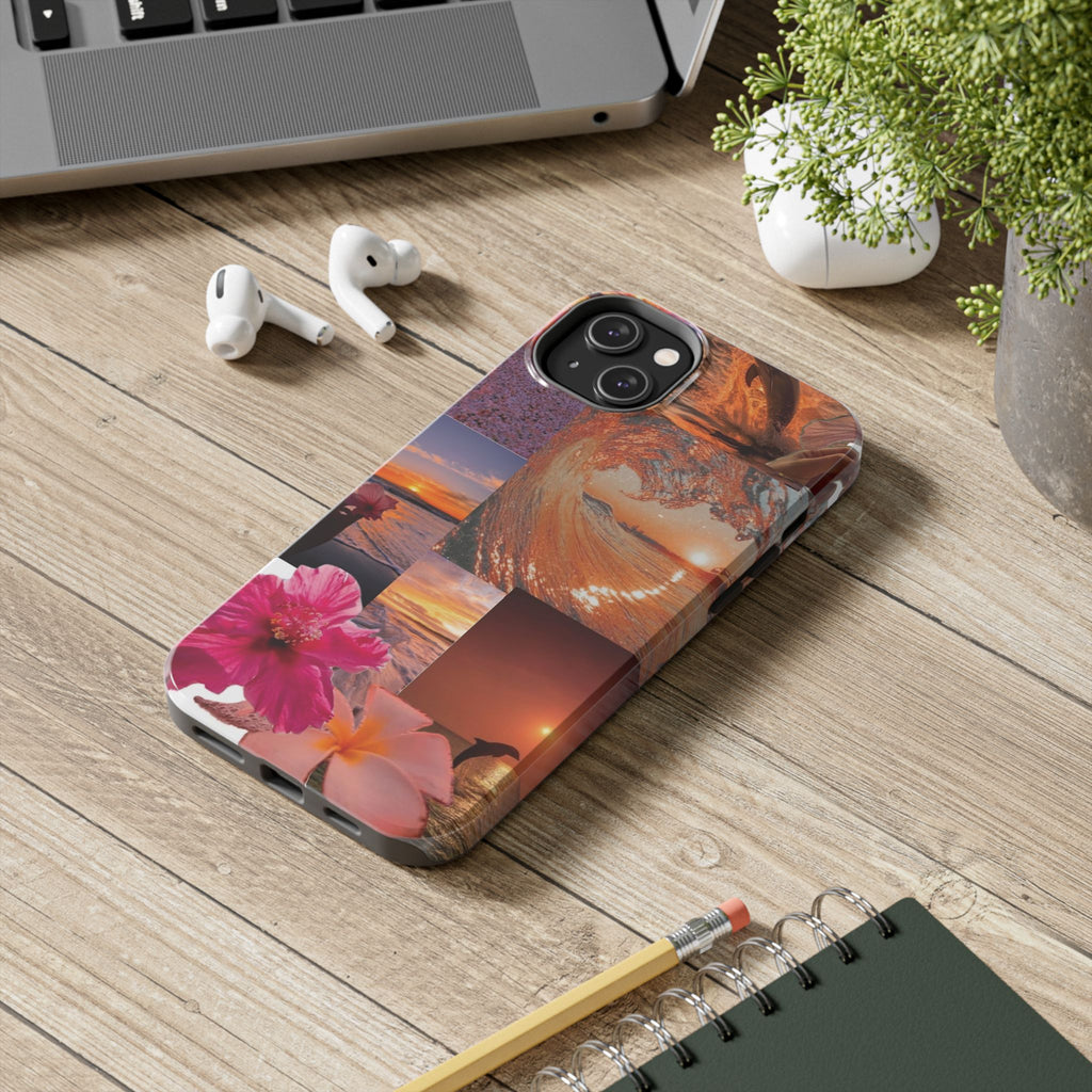 Tough Phone Case — Tropical Sunset Collage, Beach Wave & Hibiscus Protection