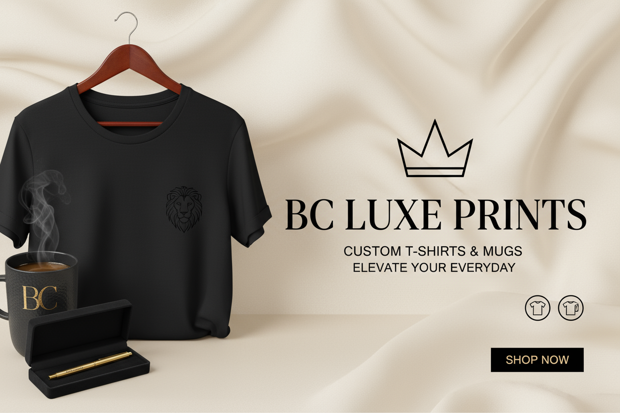 BC Luxe Prints,elegant print on demand store custom t-shirt and mugs,beige and black background,modern luxury style